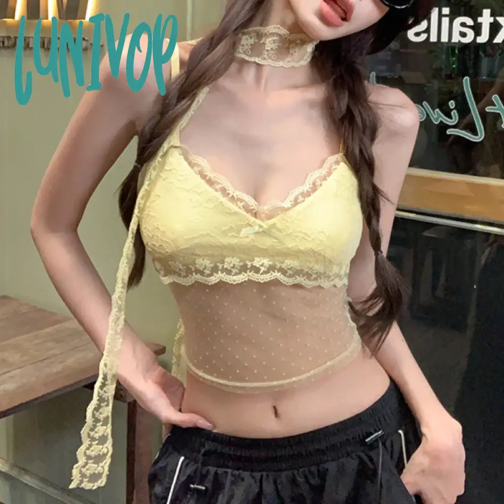 Lunivop Streetwear Mesh Splicing See-Through Sexy Camisole Women 2024 Spring New Korean Polka Dots