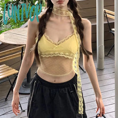 Lunivop Streetwear Mesh Splicing See-Through Sexy Camisole Women 2024 Spring New Korean Polka Dots