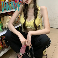 Lunivop Streetwear Mesh Splicing See-Through Sexy Camisole Women 2024 Spring New Korean Polka Dots