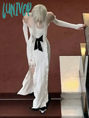 Lunivop Streetwear Off Shoulder Patchwork Bodycon Dresses Grunge Y2K Aesthetic Ruffled Vestido Slim