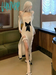 Lunivop Streetwear Off Shoulder Patchwork Bodycon Dresses Grunge Y2K Aesthetic Ruffled Vestido Slim