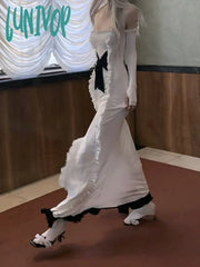 Lunivop Streetwear Off Shoulder Patchwork Bodycon Dresses Grunge Y2K Aesthetic Ruffled Vestido Slim