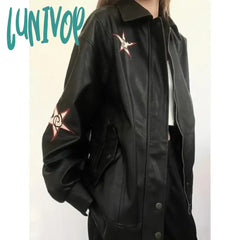 Lunivop Streetwear Pu Leather Jackets Women Oversized Embroidery Coat Harajuku Vintage Turn Down