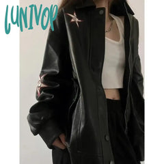 Lunivop Streetwear Pu Leather Jackets Women Oversized Embroidery Coat Harajuku Vintage Turn Down