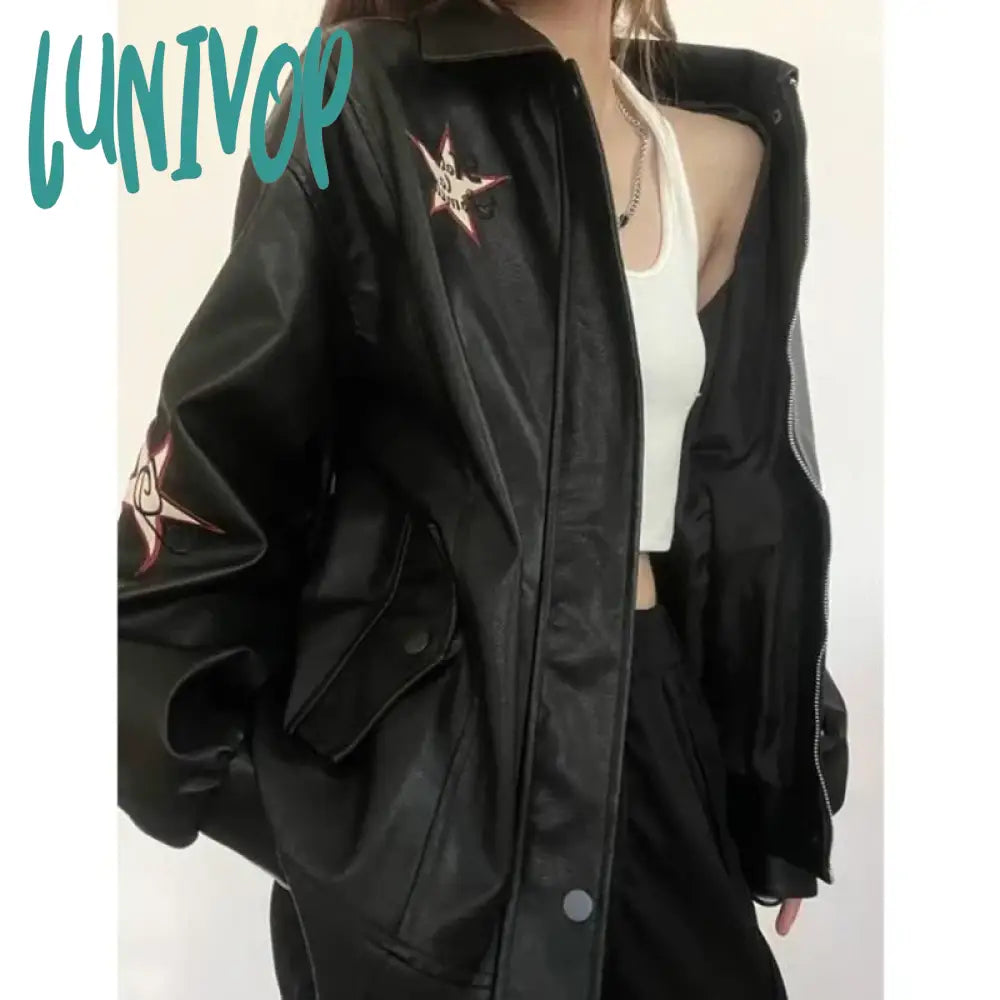 Lunivop Streetwear Pu Leather Jackets Women Oversized Embroidery Coat Harajuku Vintage Turn Down