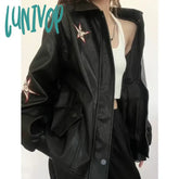 Lunivop Streetwear Pu Leather Jackets Women Oversized Embroidery Coat Harajuku Vintage Turn Down