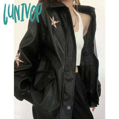 Lunivop Streetwear Pu Leather Jackets Women Oversized Embroidery Coat Harajuku Vintage Turn Down