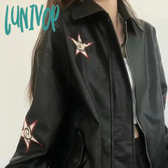 Lunivop Streetwear Pu Leather Jackets Women Oversized Embroidery Coat Harajuku Vintage Turn Down