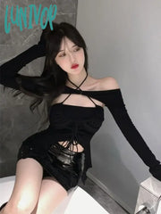 Lunivop Streetwear Sexy Tshirts Women Solid Slim Fit Backless Crop Tops Y2K Korean Fashion Two