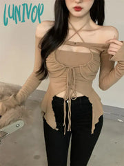 Lunivop Streetwear Sexy Tshirts Women Solid Slim Fit Backless Crop Tops Y2K Korean Fashion Two