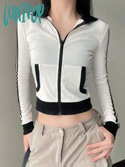 Lunivop Streetwear Striped Zip Up Sweatshirts Women Vintage Y2K Cropped Thin Jacket Casual Long
