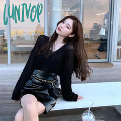Lunivop Streetwear Sweater Women Korean Hollow Out Sun-Proof Knitted Pullovers Summer V Neck See