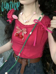 Lunivop Streetwear Sweet Y2K T Shirts Puff Sleeve Bow Decoration Design Crop Tops Summer Female