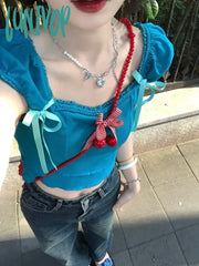 Lunivop Streetwear Sweet Y2K T Shirts Puff Sleeve Bow Decoration Design Crop Tops Summer Female