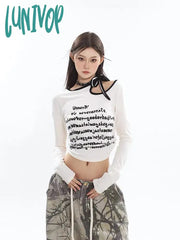 Lunivop Streetwear White Crop T Shirts Women Grunge High Street Y2K Hollow Out Tops Kpop Aesthetic