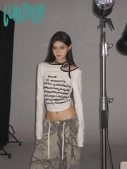 Lunivop Streetwear White Crop T Shirts Women Grunge High Street Y2K Hollow Out Tops Kpop Aesthetic