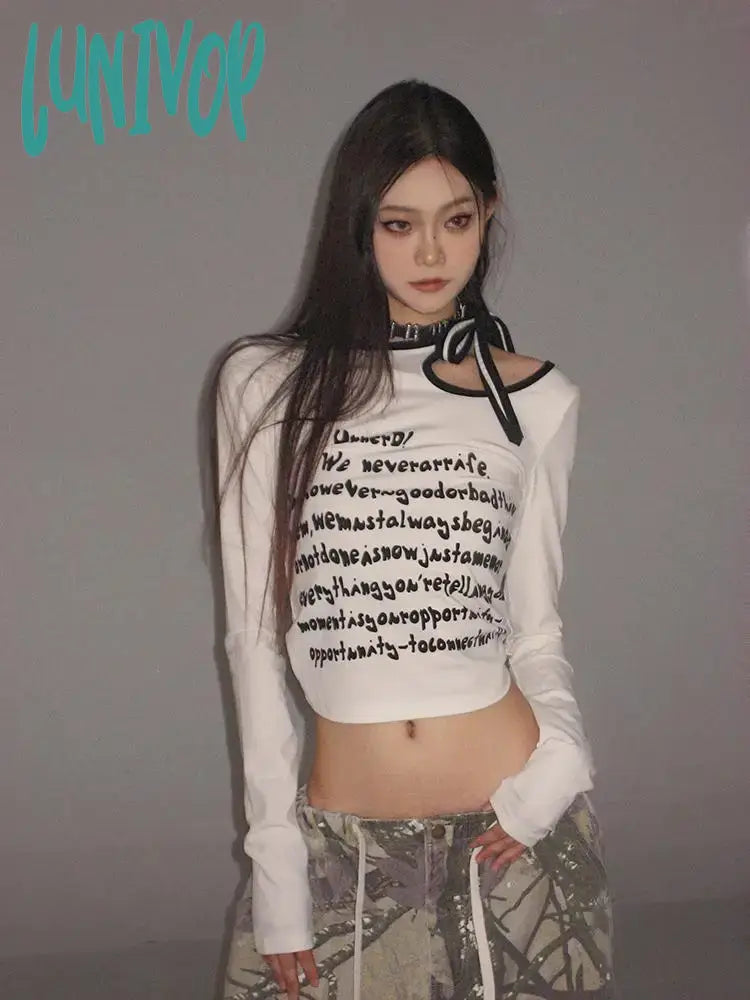 Lunivop Streetwear White Crop T Shirts Women Grunge High Street Y2K Hollow Out Tops Kpop Aesthetic