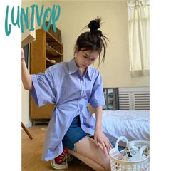 Lunivop Streetwear White Shirts Women Harajuku Folds Short Sleeve Blouses Summer Preppy Korean