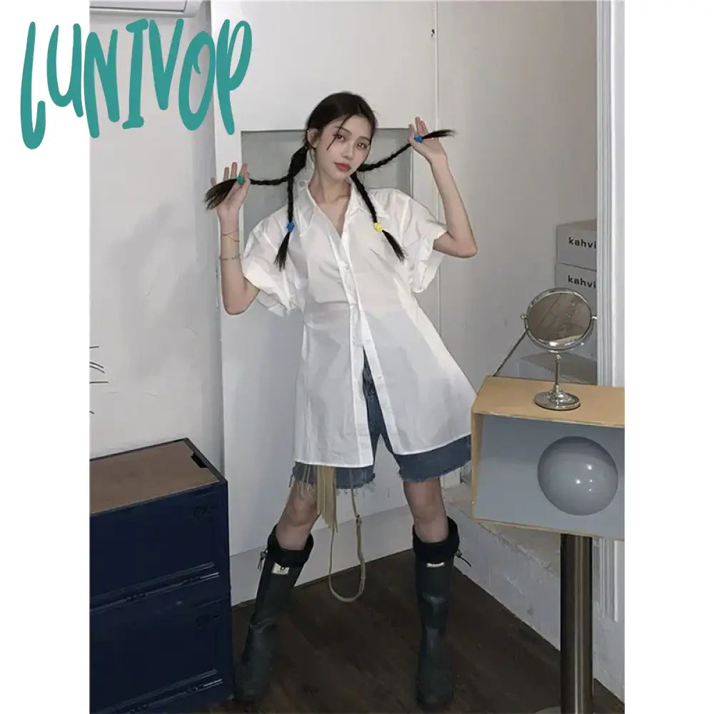 Lunivop Streetwear White Shirts Women Harajuku Folds Short Sleeve Blouses Summer Preppy Korean