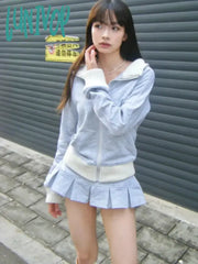 Lunivop Streetwear Women All Match Two Pieces Set Y2K Aesthetic Casual Fashion Patchwork Hooded