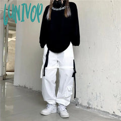 Lunivop Streetwear Women Drawstring Cargo Pants High Waist Spliced Hollow Out Wide Leg Trousers