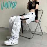 Lunivop Streetwear Women Drawstring Cargo Pants High Waist Spliced Hollow Out Wide Leg Trousers
