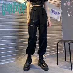 Lunivop Streetwear Women Drawstring Cargo Pants High Waist Spliced Hollow Out Wide Leg Trousers