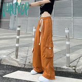 Lunivop Streetwear Women Oversize Solid Cargo Pants Elastic Waist Drawcord Loose Harajuku Hip Hop