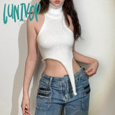 Lunivop Streetwear Women Sleeveless Top Halter Backless V-Hem Asymmetrical Knit Ribbed Oversized