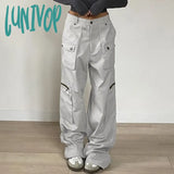 Lunivop Streetwear Zipper Pockets Cargo Trousers Women Casual Straight Leg Denim Jeans Harajuku Low Rise Baggy Pants Outfits