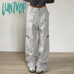 Lunivop Streetwear Zipper Pockets Cargo Trousers Women Casual Straight Leg Denim Jeans Harajuku Low