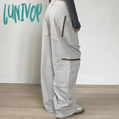 Lunivop Streetwear Zipper Pockets Cargo Trousers Women Casual Straight Leg Denim Jeans Harajuku Low