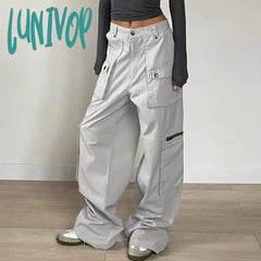 Lunivop Streetwear Zipper Pockets Cargo Trousers Women Casual Straight Leg Denim Jeans Harajuku Low