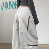 Lunivop Streetwear Zipper Pockets Cargo Trousers Women Casual Straight Leg Denim Jeans Harajuku Low