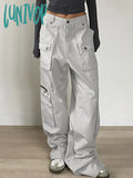 Lunivop Streetwear Zipper Pockets Cargo Trousers Women Casual Straight Leg Denim Jeans Harajuku Low