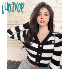 Lunivop Striped Knitted Cardigan Women Korean V Neck Cropped Sweaters Harajuku Streetwear Slim