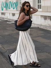Lunivop Striped Knitted Long Skirt Women Summer Tassel High Waist Maxi Skirts Women’s Autumn