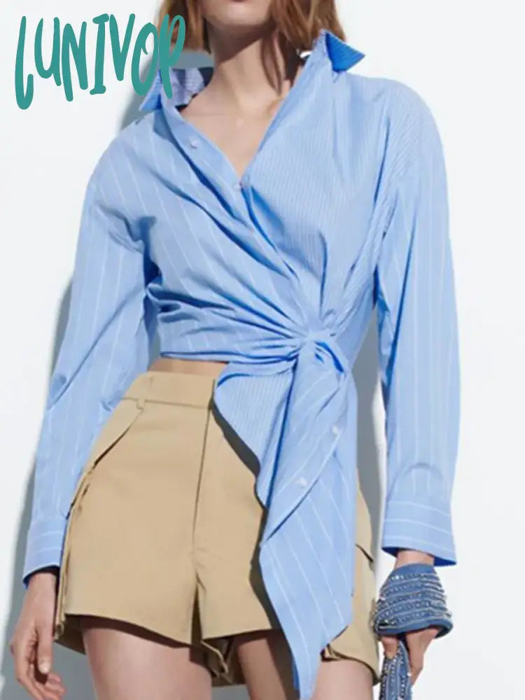 Lunivop Striped Patchwork Shirts For Women Long Sleeve Lapel Collar Irregular Hem Classic Blue