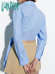 Lunivop Striped Patchwork Shirts For Women Long Sleeve Lapel Collar Irregular Hem Classic Blue