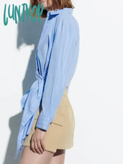Lunivop Striped Patchwork Shirts For Women Long Sleeve Lapel Collar Irregular Hem Classic Blue