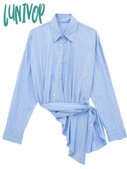 Lunivop Striped Patchwork Shirts For Women Long Sleeve Lapel Collar Irregular Hem Classic Blue