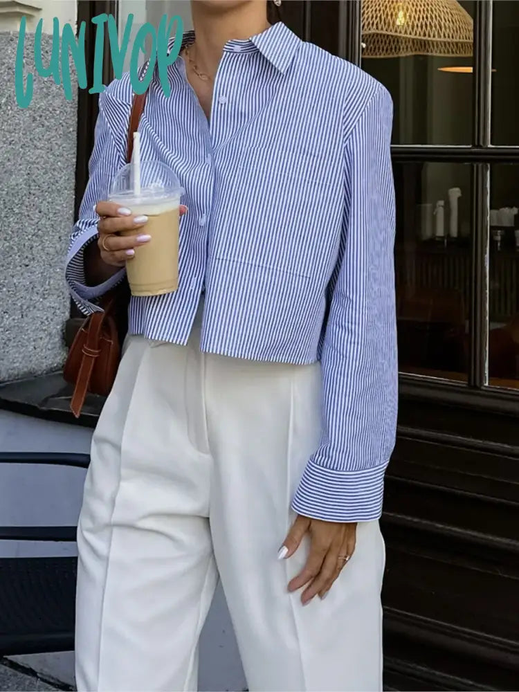 Lunivop Striped Pocket Cropped Shirts For Women 2024 New Spring Casual Chic Long Sleeve Short