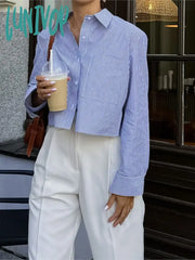 Lunivop Striped Pocket Cropped Shirts For Women 2024 New Spring Casual Chic Long Sleeve Short