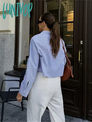 Lunivop Striped Pocket Cropped Shirts For Women 2024 New Spring Casual Chic Long Sleeve Short