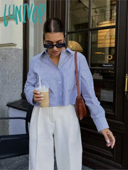 Lunivop Striped Pocket Cropped Shirts For Women 2024 New Spring Casual Chic Long Sleeve Short
