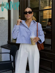 Lunivop Striped Pocket Cropped Shirts For Women 2024 New Spring Casual Chic Long Sleeve Short