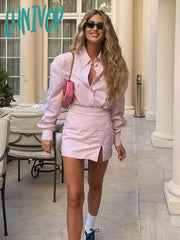 Lunivop Striped Shirt Hip Wrap Skirts Suit For Women Fashion Office Lady Long Sleeve Slim Split