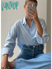 Lunivop Striped Shirts For Women Chic Long Sleeve Single Breasted Lapel Collar Blouse 2024 New