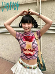 Lunivop Summer 2000S Vintage Aesthetic Plaid Graphic T-Shirts Women Short Sleeve Tees Stretch Crop