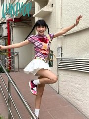 Lunivop Summer 2000S Vintage Aesthetic Plaid Graphic T-Shirts Women Short Sleeve Tees Stretch Crop